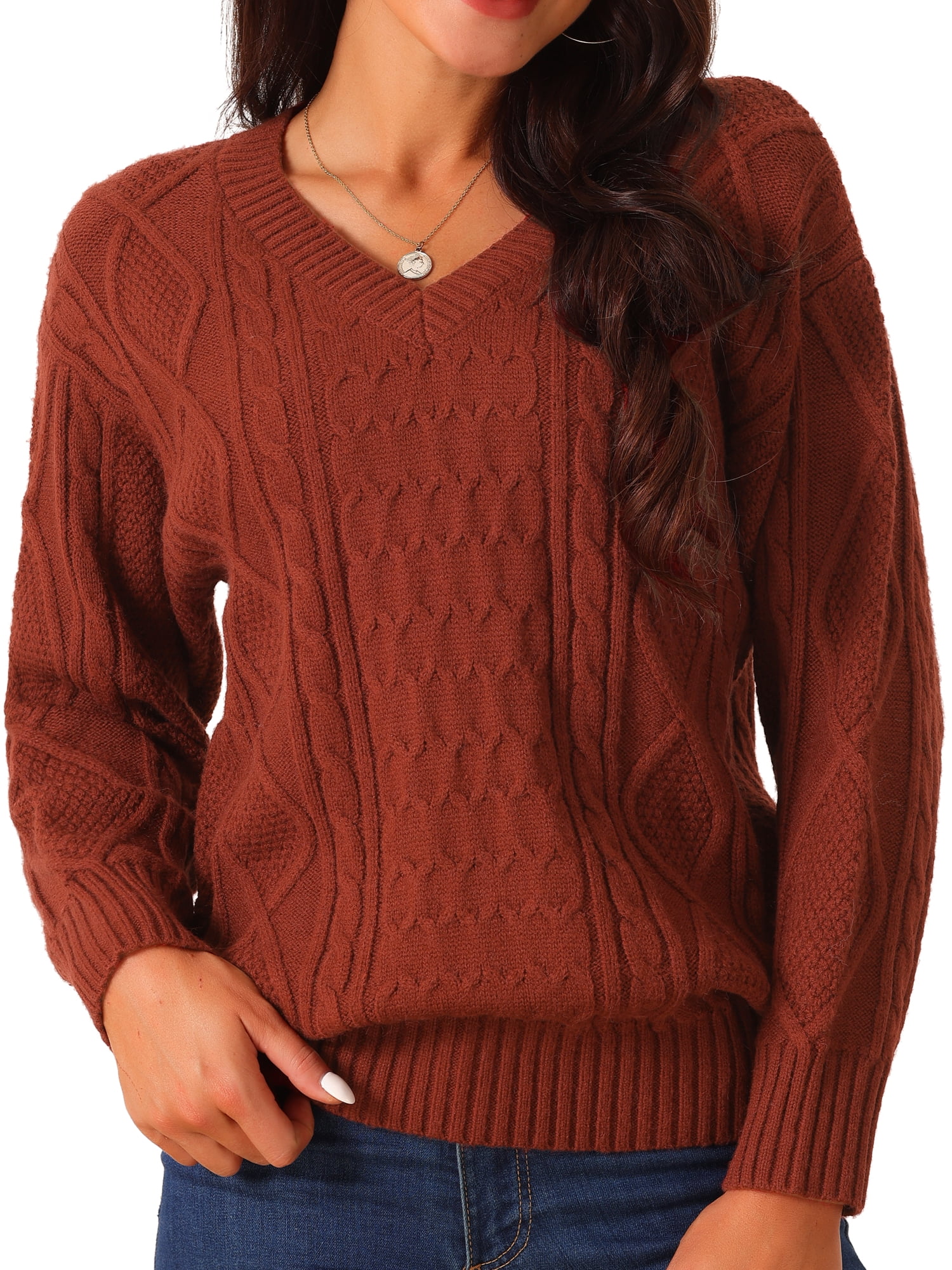 DARING DIVA V Neck Long Sleeve Sweater Casual Loose Chunky Pullover M Wine Red