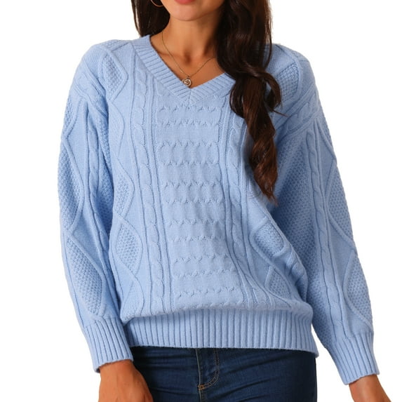 DARING DIVA V Neck Long Sleeve Sweater Casual Loose Chunky Pullover S Blue