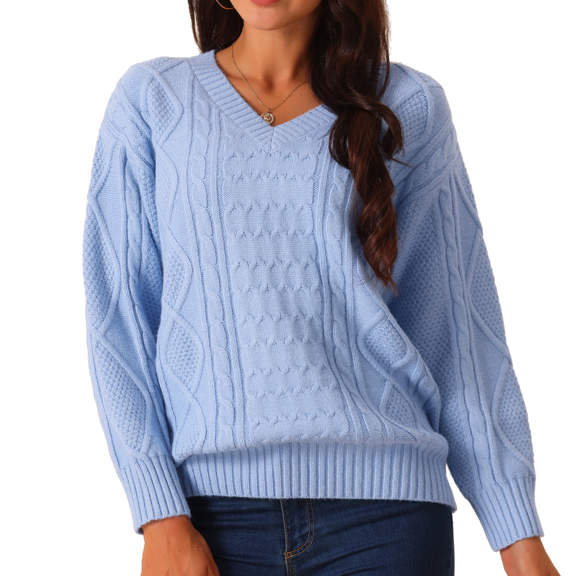 DARING DIVA V Neck Long Sleeve Sweater Casual Loose Chunky Pullover XL Blue