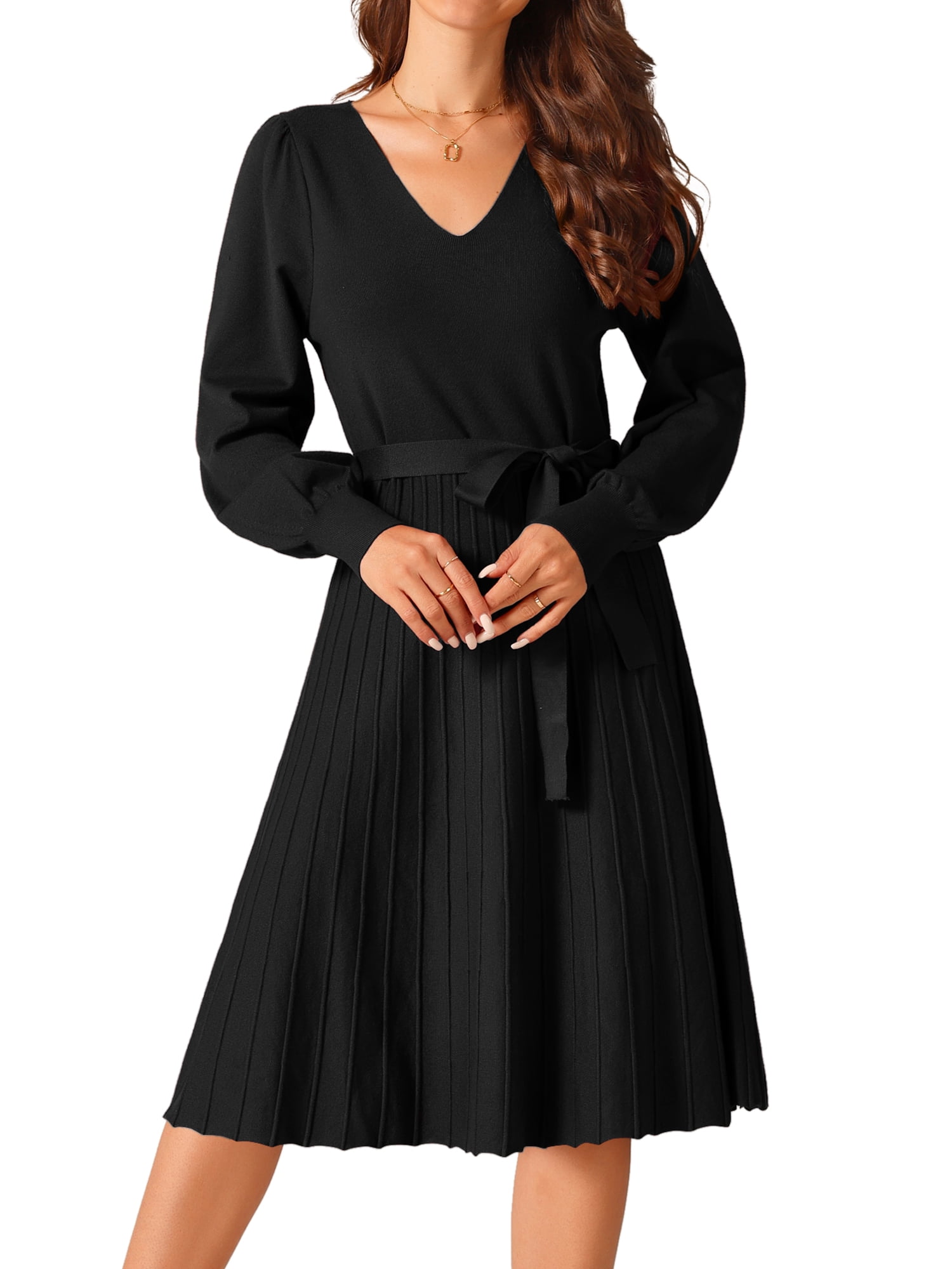 DARING DIVA V Neck Long Sleeve Tie Waist Pleated A-Line Midi Dress L Black