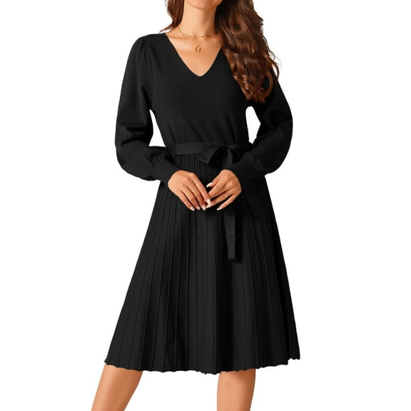 DARING DIVA V Neck Long Sleeve Tie Waist Pleated A-Line Midi Dress S Black