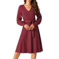 thumbnail image 1 of DARING DIVA V Neck Long Sleeve Tie Waist Pleated A-Line Midi Dress S Wine Red, 1 of 6