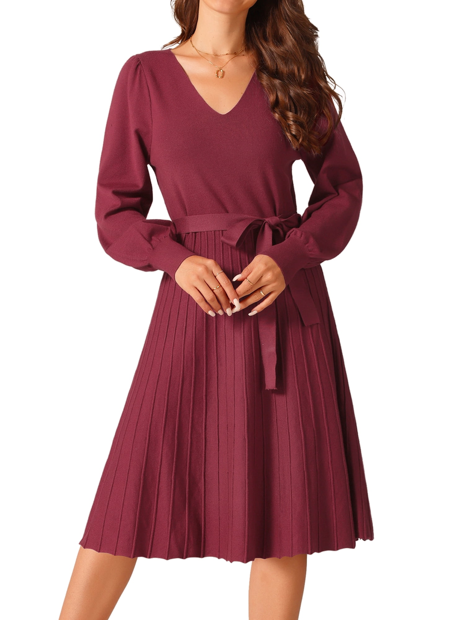 DARING DIVA V Neck Long Sleeve Tie Waist Pleated A-Line Midi Dress XL Wine Red