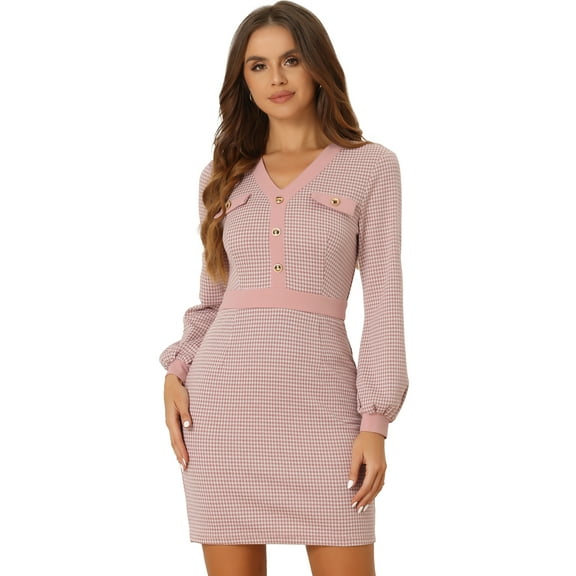DARING DIVA V Neck Long Sleeves Elegant Sheath Houndstooth Dress S Pink