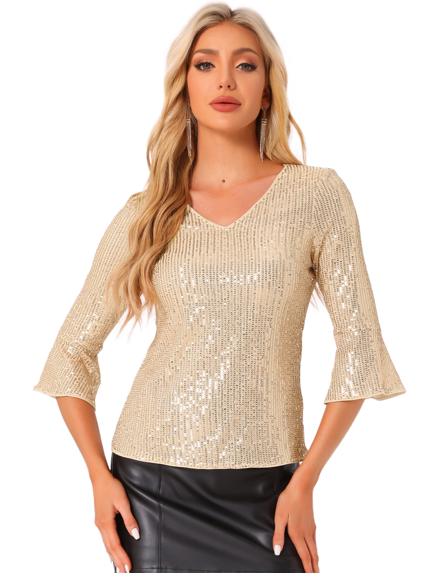 DARING DIVA V Neck Metallic Sparkly Glitter Blouse L Gold - Walmart.com