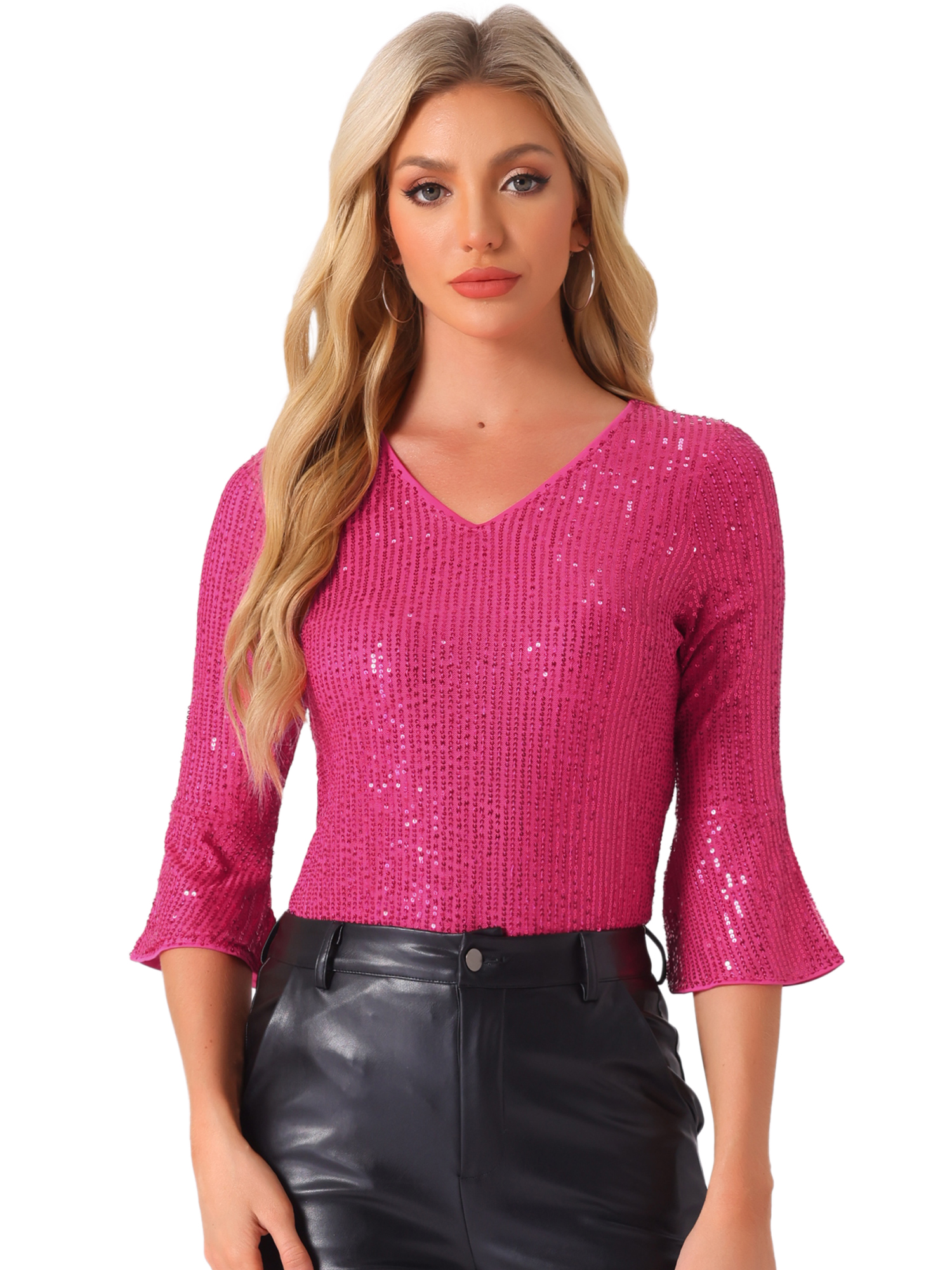 DARING DIVA V Neck Metallic Sparkly Glitter Blouse XL Hot Pink