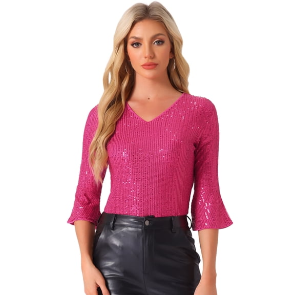 DARING DIVA V Neck Metallic Sparkly Glitter Blouse XL Hot Pink