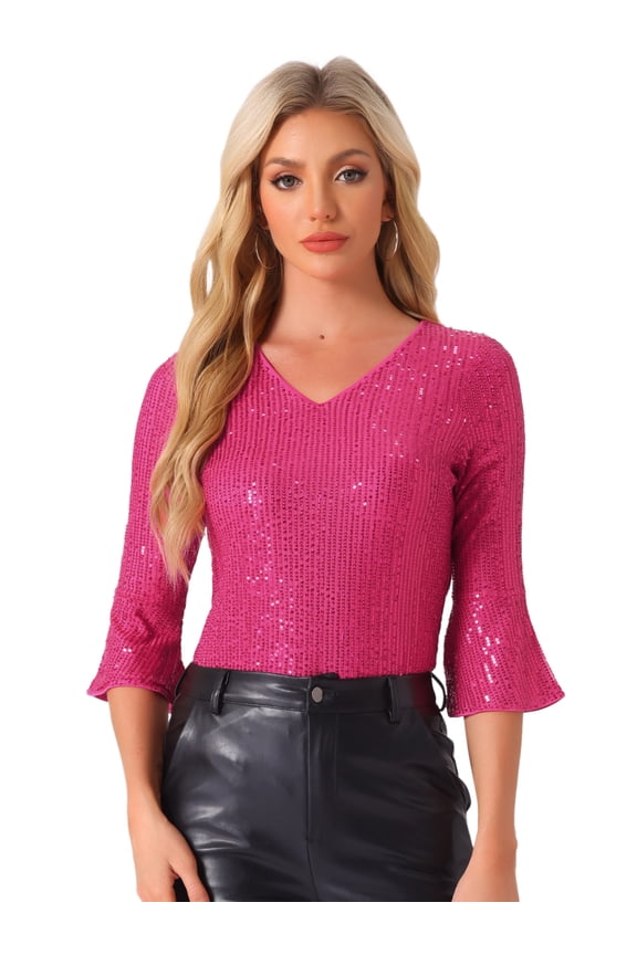 V Neck Metallic Sparkly Glitter Blouse XL Hot Pink
