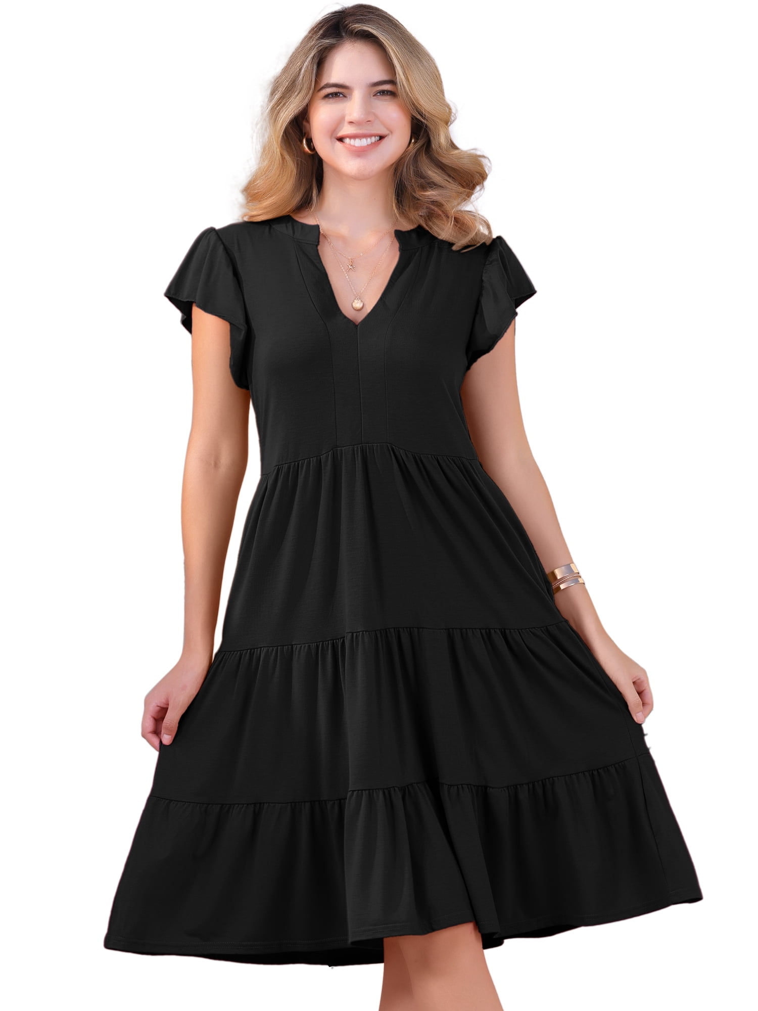DARING DIVA V Neck Midi Sundress Flowy Tiered Beach Dress L Black