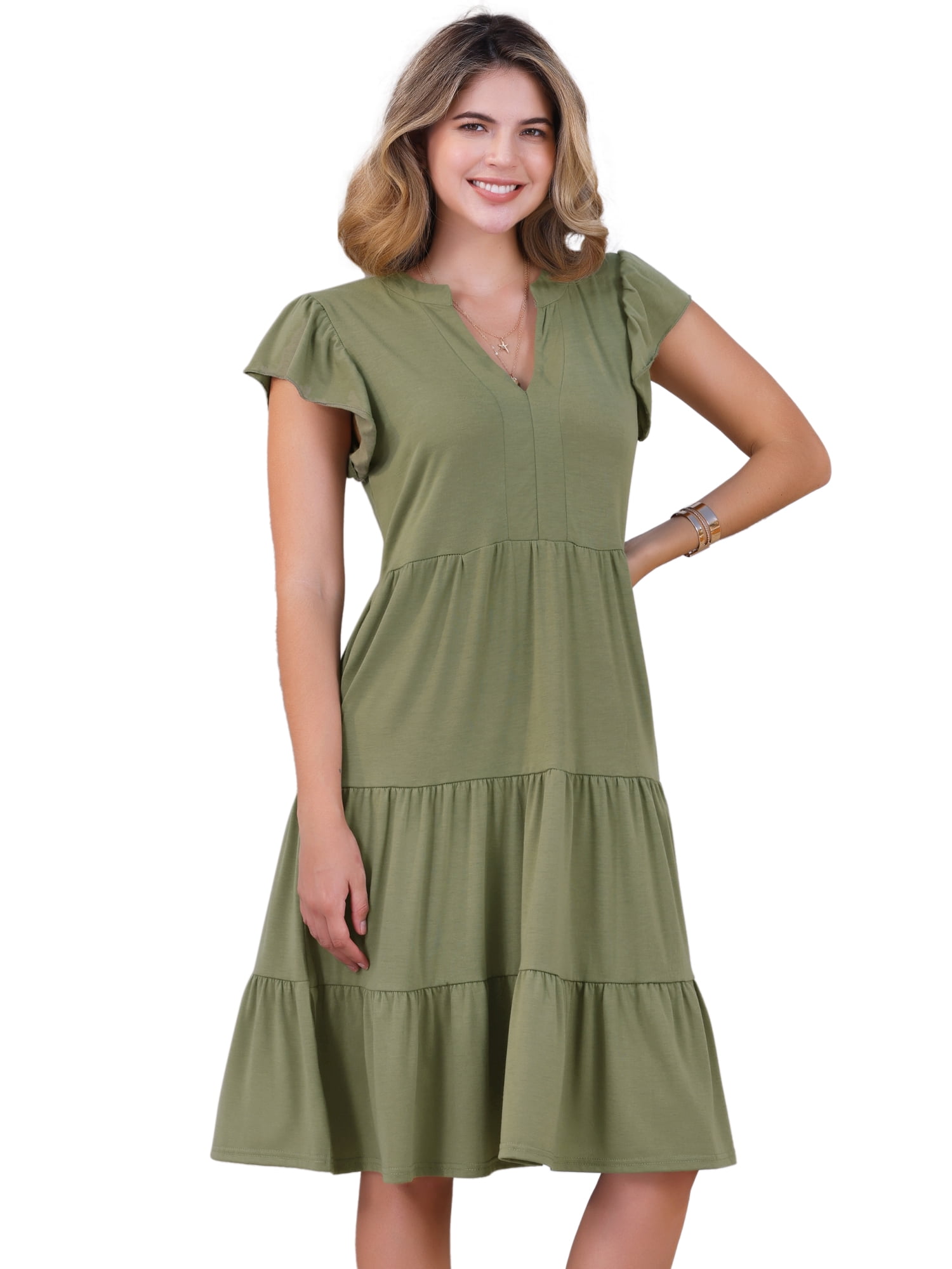 DARING DIVA V Neck Midi Sundress Flowy Tiered Beach Dress S Army Green