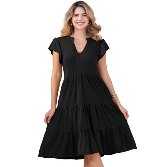DARING DIVA V Neck Midi Sundress Flowy Tiered Beach Dress S Black