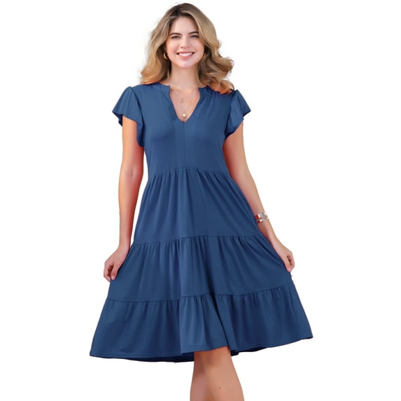DARING DIVA V Neck Midi Sundress Flowy Tiered Beach Dress XL Blue