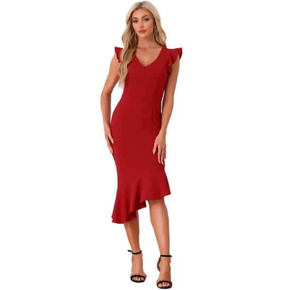 DARING DIVA V Neck Ruffle Sleeve Bodycon Sheath Dress for Cocktail Party Work XS Red