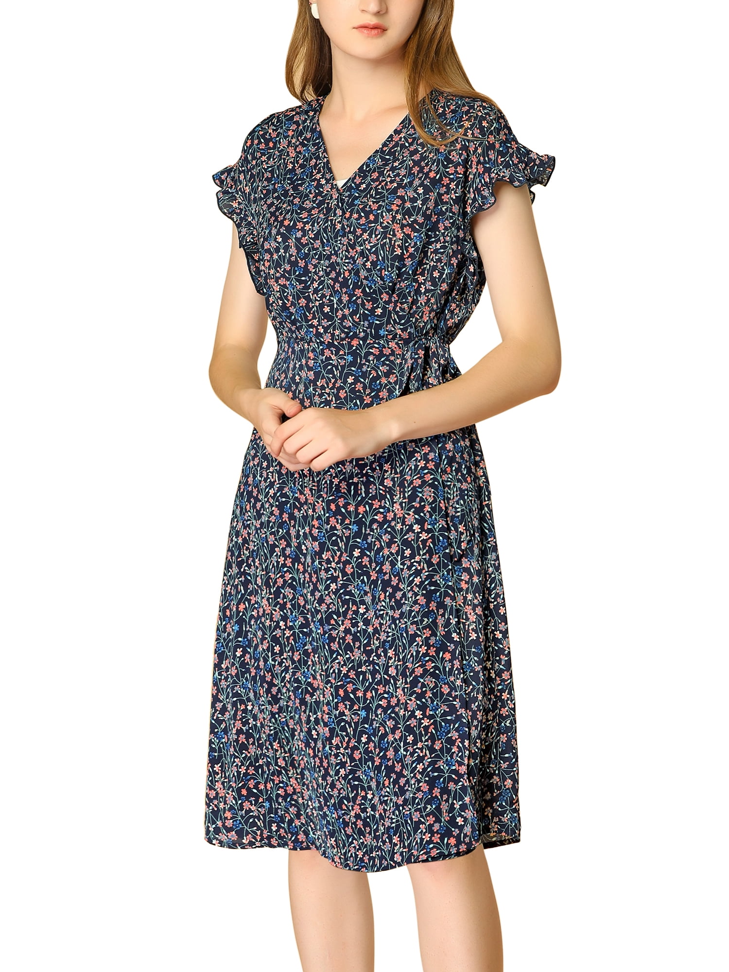 DARING DIVA V Neck Ruffle Trim Cuff Self Belt Printed Midi Wrap Dress M Blue