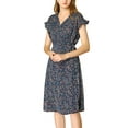 thumbnail image 1 of DARING DIVA V Neck Ruffle Trim Cuff Self Belt Printed Midi Wrap Dress M Blue, 1 of 7