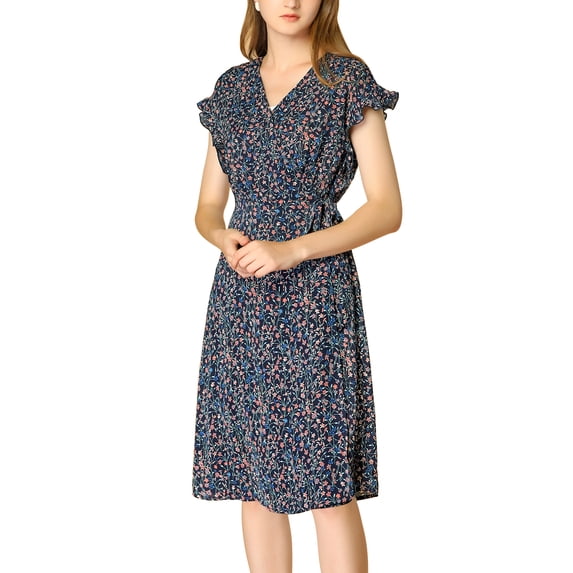 DARING DIVA V Neck Ruffle Trim Cuff Self Belt Printed Midi Wrap Dress M Blue