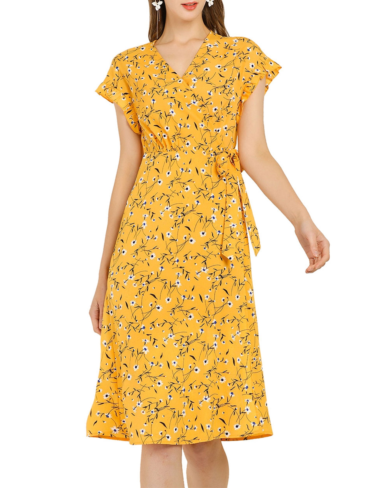 DARING DIVA V Neck Ruffle Trim Cuff Self Belt Printed Midi Wrap Dress M Yellow