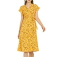 thumbnail image 1 of DARING DIVA V Neck Ruffle Trim Cuff Self Belt Printed Midi Wrap Dress XS Yellow, 1 of 7