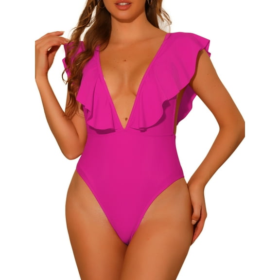 DARING DIVA V Neck Ruffled Monokini Tummy Control Bathing Suit S Hot Pink