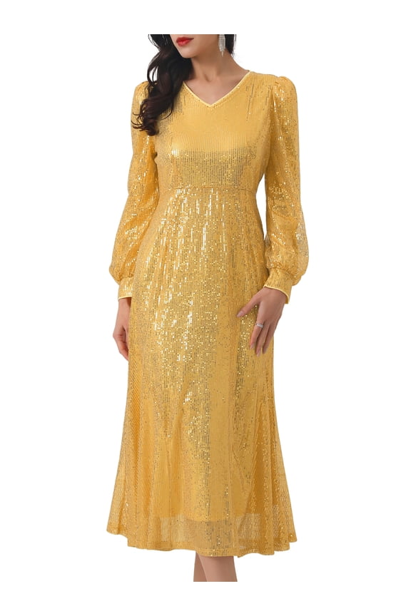 V-Neck Sequin Long Sleeve Cocktail PromDress XL Gold