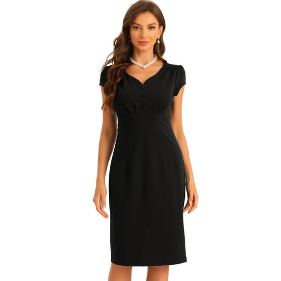 DARING DIVA V Neck Sheath Cap Sleeves Split Pencil Blouse M Black