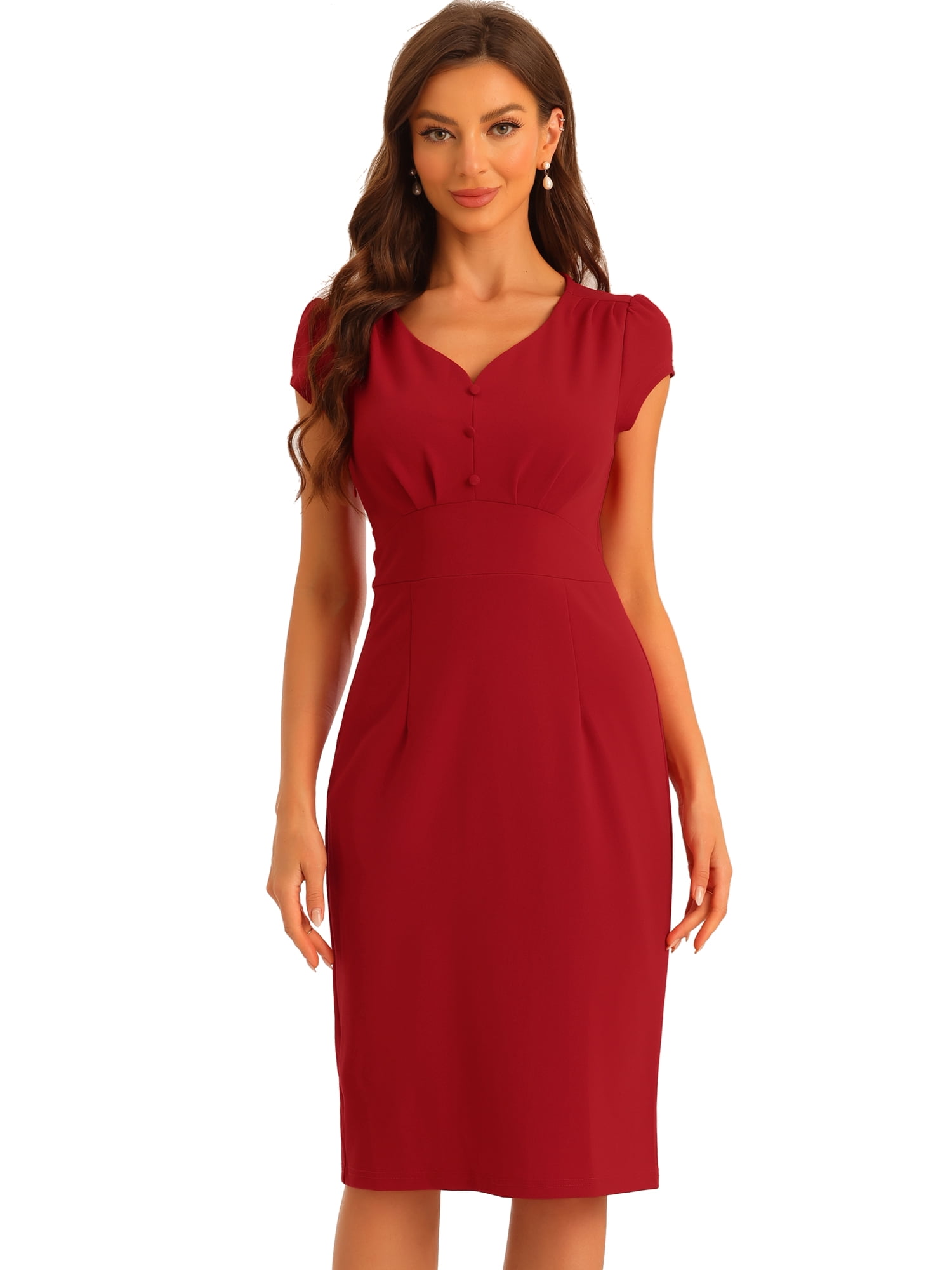 DARING DIVA V Neck Sheath Cap Sleeves Split Pencil Dress XS Red