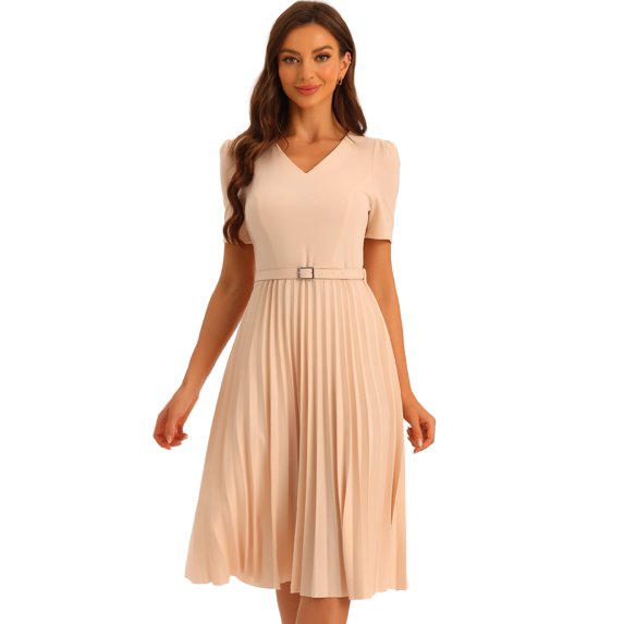 DARING DIVA V-Neck Short Sleeve Belted A-Line Pleated Dress M Apricot