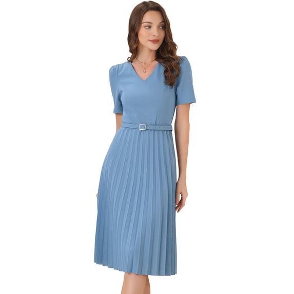 DARING DIVA V-Neck Short Sleeve Belted A-Line Pleated Dress XL Blue Grey
