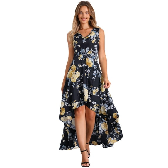 DARING DIVA V Neck Sleeveless High Low Long Maxi Dress M Navy Blue