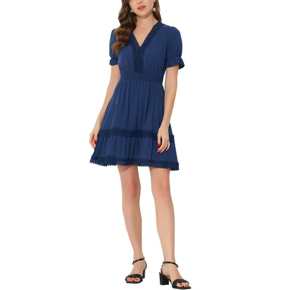 DARING DIVA V Neck Smocked Elastic Waist Short Sleeve Mini Dress L Dark Blue