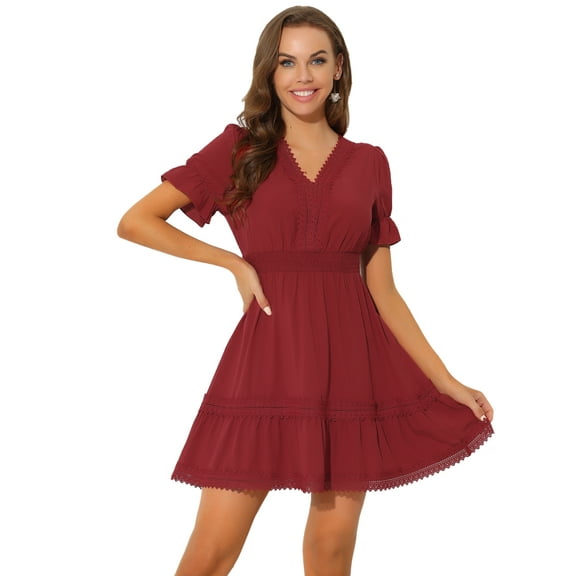 DARING DIVA V Neck Smocked Elastic Waist Short Sleeve Mini Dress L Red