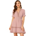 thumbnail image 1 of DARING DIVA V Neck Smocked Elastic Waist Short Sleeve Mini Dress M Pink, 1 of 5