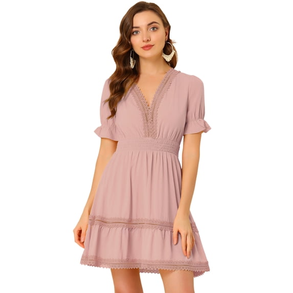 DARING DIVA V Neck Smocked Elastic Waist Short Sleeve Mini Dress M Pink