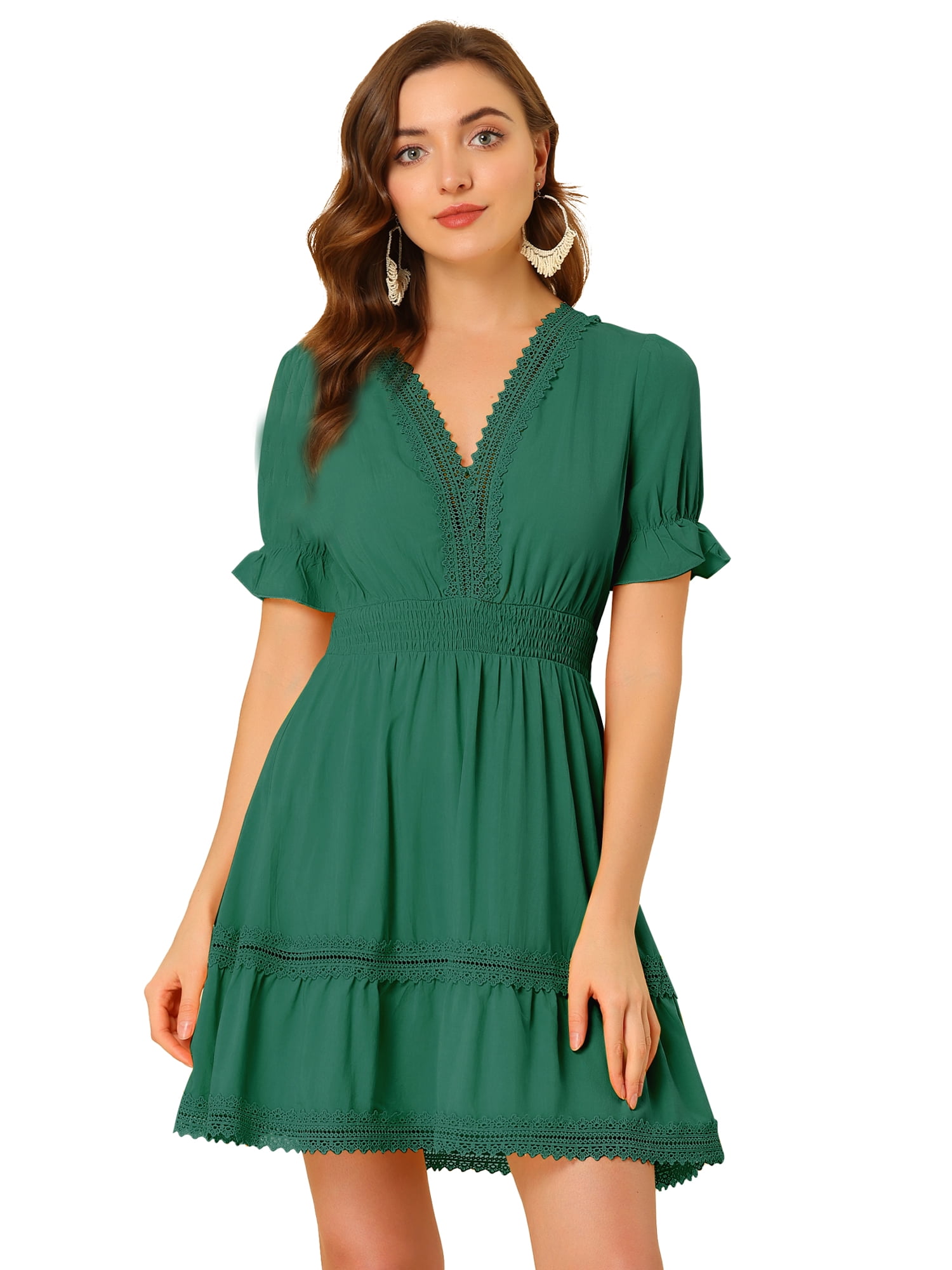 DARING DIVA V Neck Smocked Elastic Waist Short Sleeve Mini Dress S Lake Green