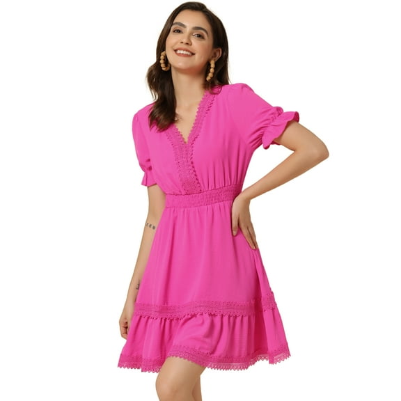 DARING DIVA V Neck Smocked Elastic Waist Short Sleeve Mini Dress XL Hot Pink
