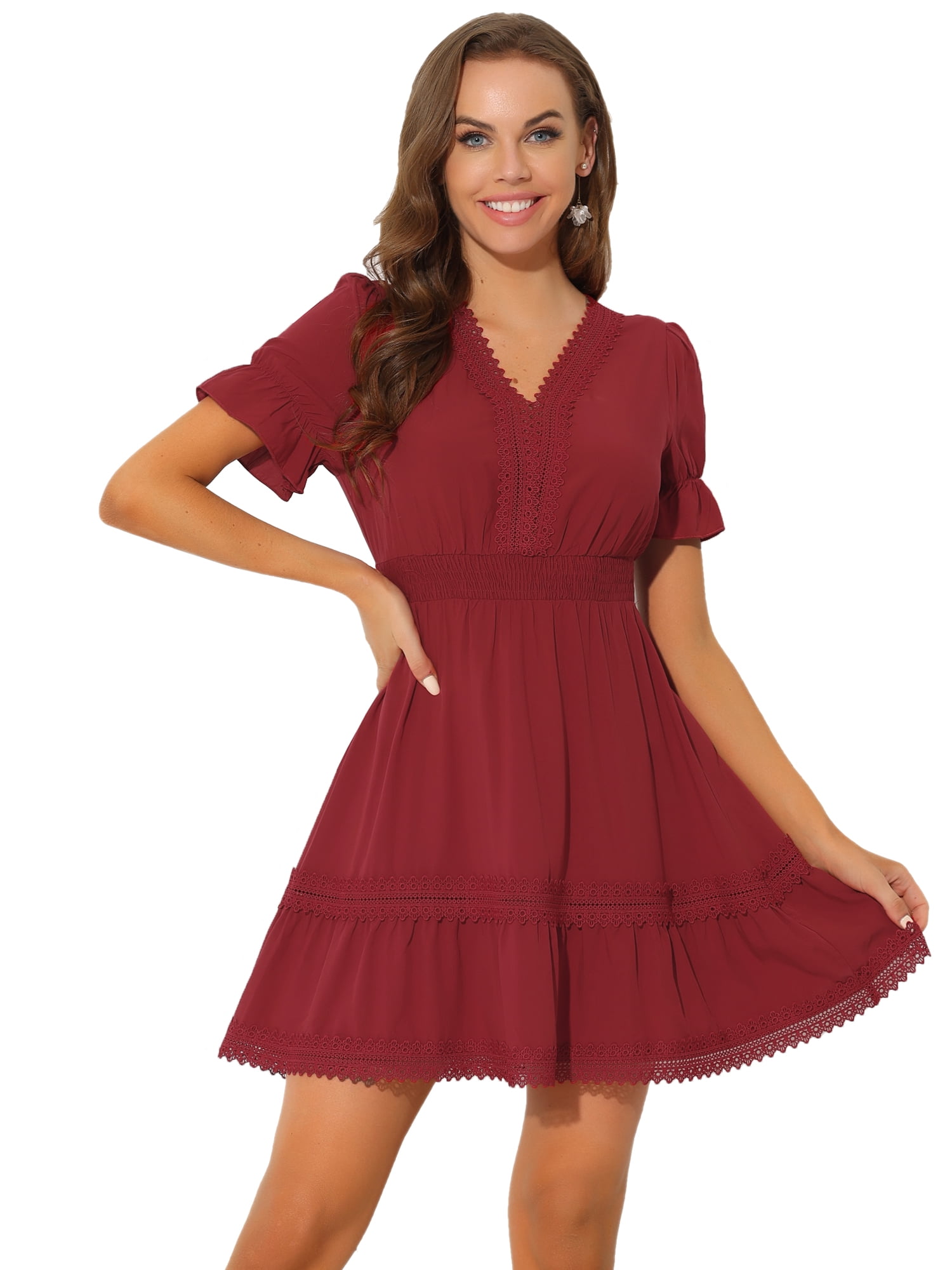 DARING DIVA V Neck Smocked Elastic Waist Short Sleeve Mini Dress XL Red