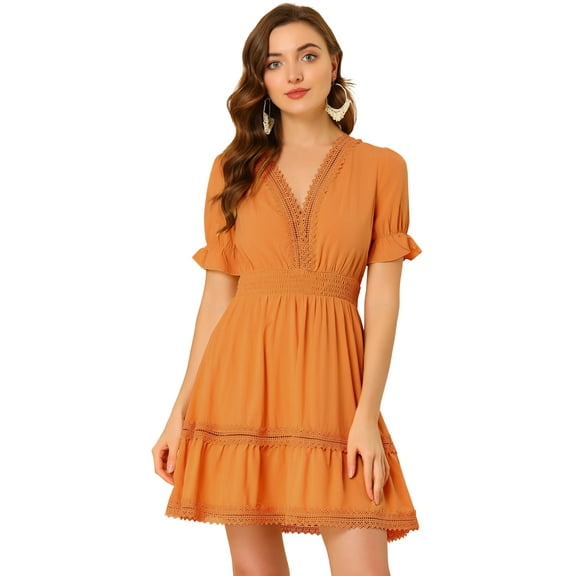 DARING DIVA V Neck Smocked Elastic Waist Short Sleeve Mini Dress XS Orange