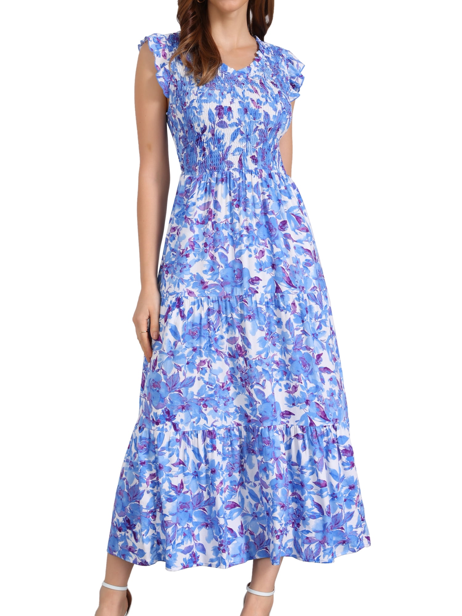 DARING DIVA V Neck Smocked Ruffle Tiered Maxi Dress L Blue