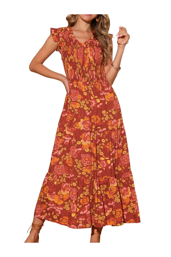 V Neck Smocked Ruffle Tiered Maxi Dress L Brick Red