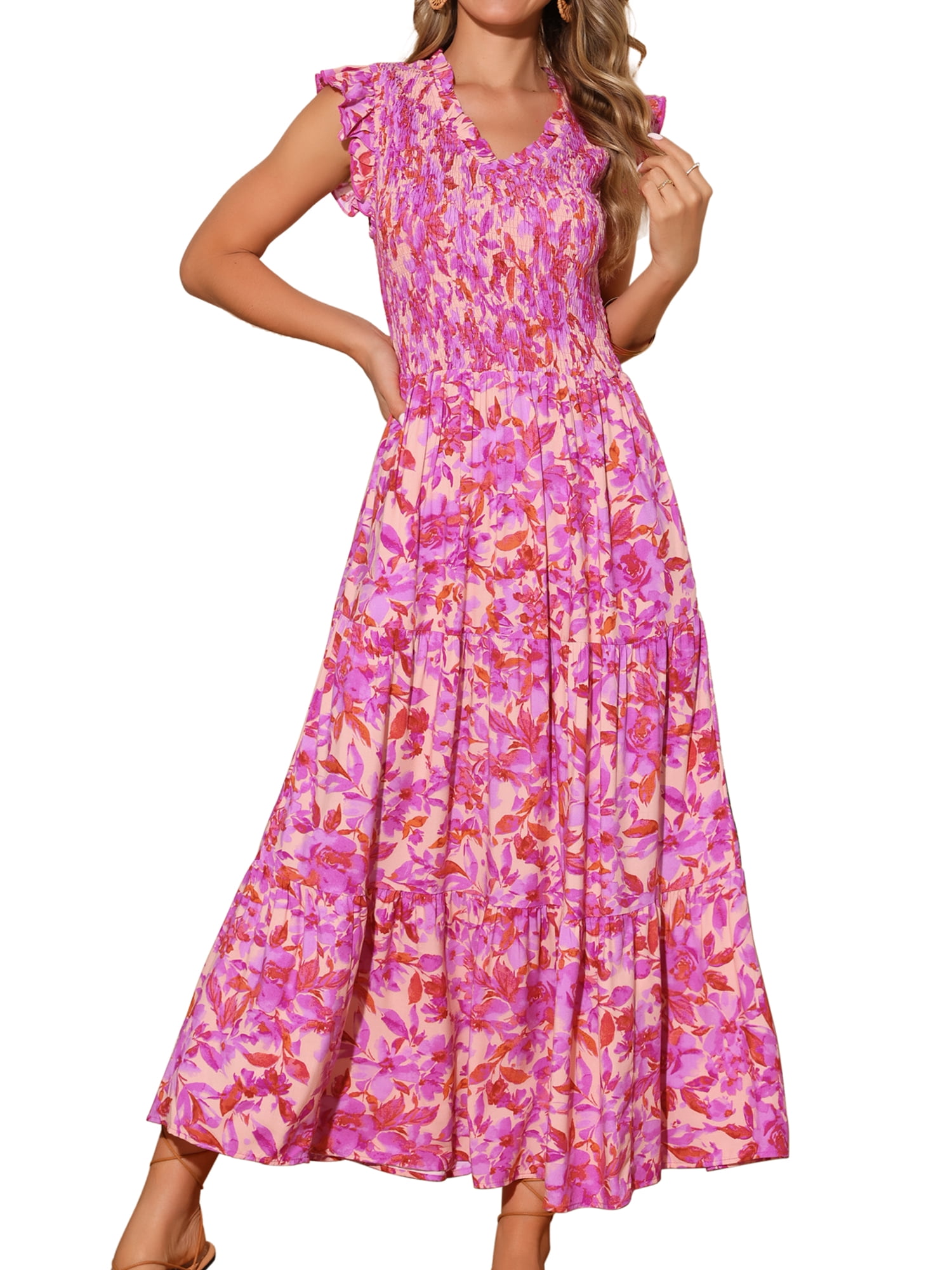 DARING DIVA V Neck Smocked Ruffle Tiered Maxi Dress L Hot Pink
