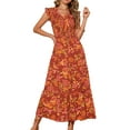 thumbnail image 1 of DARING DIVA V Neck Smocked Ruffle Tiered Maxi Dress M Brick Red, 1 of 8