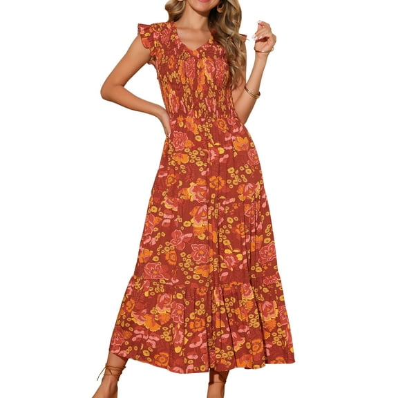 DARING DIVA V Neck Smocked Ruffle Tiered Maxi Dress M Brick Red