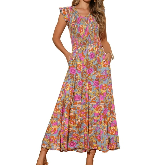 DARING DIVA V Neck Smocked Ruffle Tiered Maxi Dress M Grey Green