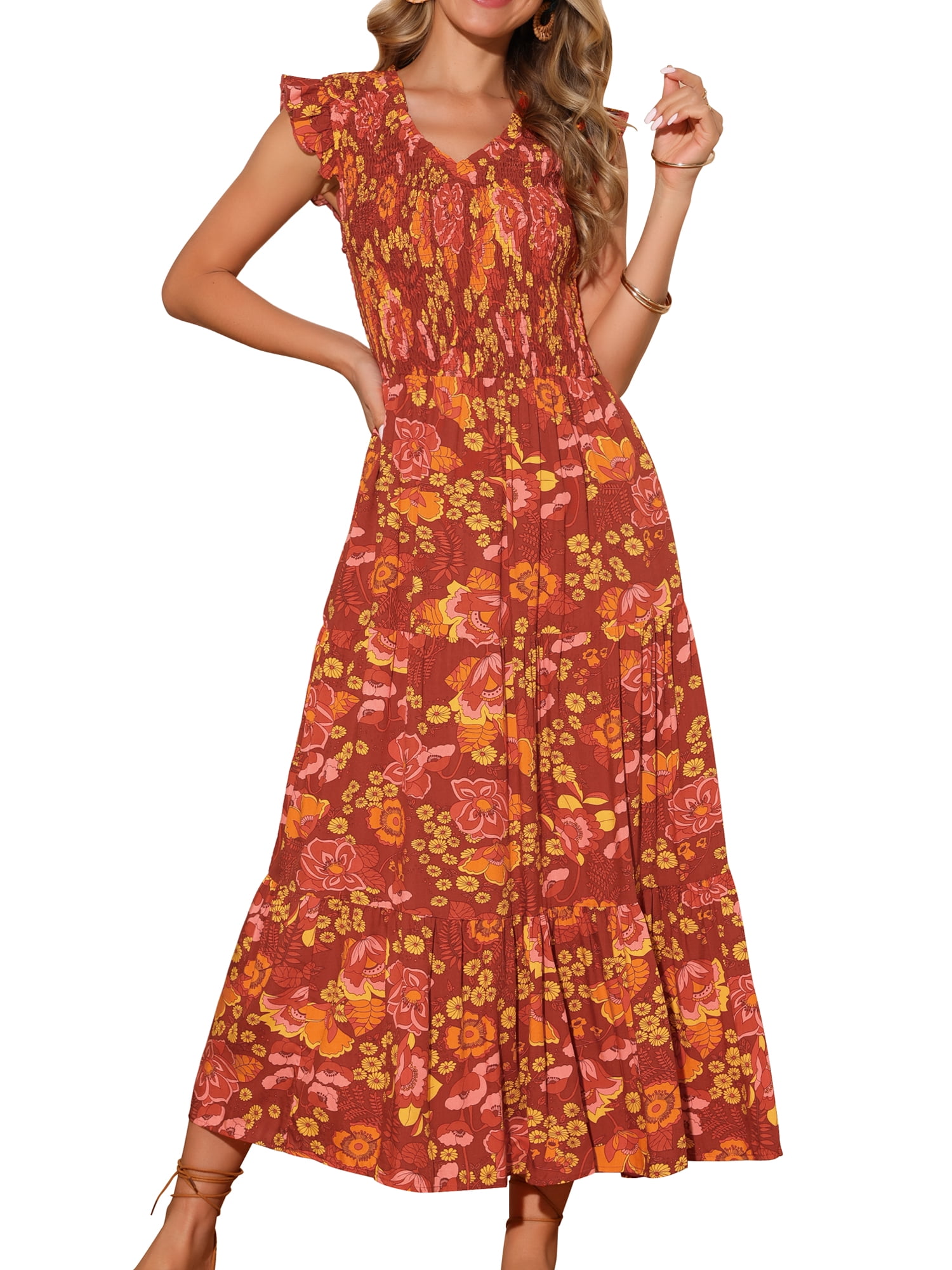 DARING DIVA V Neck Smocked Ruffle Tiered Maxi Dress S Brick Red