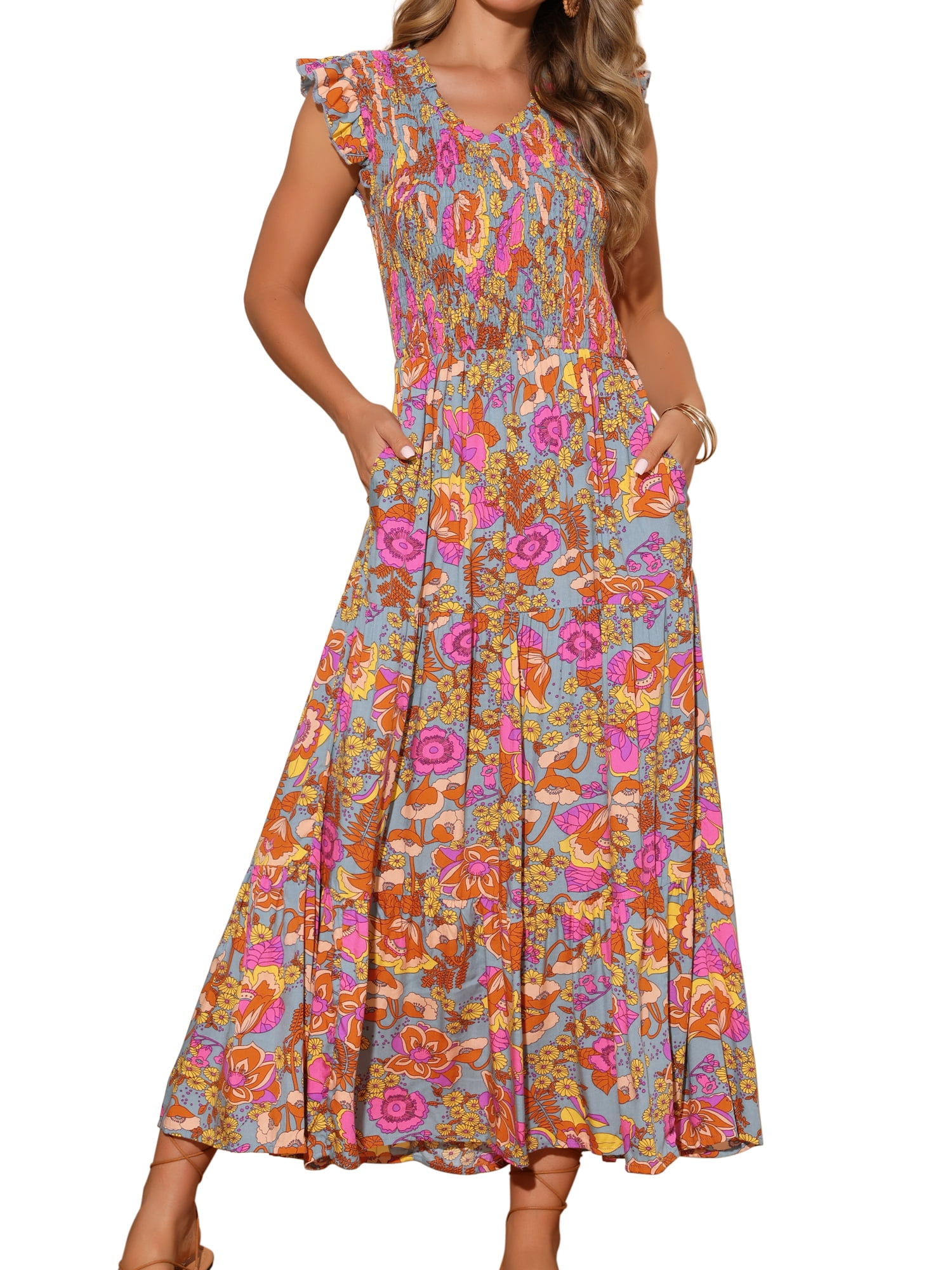 DARING DIVA V Neck Smocked Ruffle Tiered Maxi Dress S Grey Green