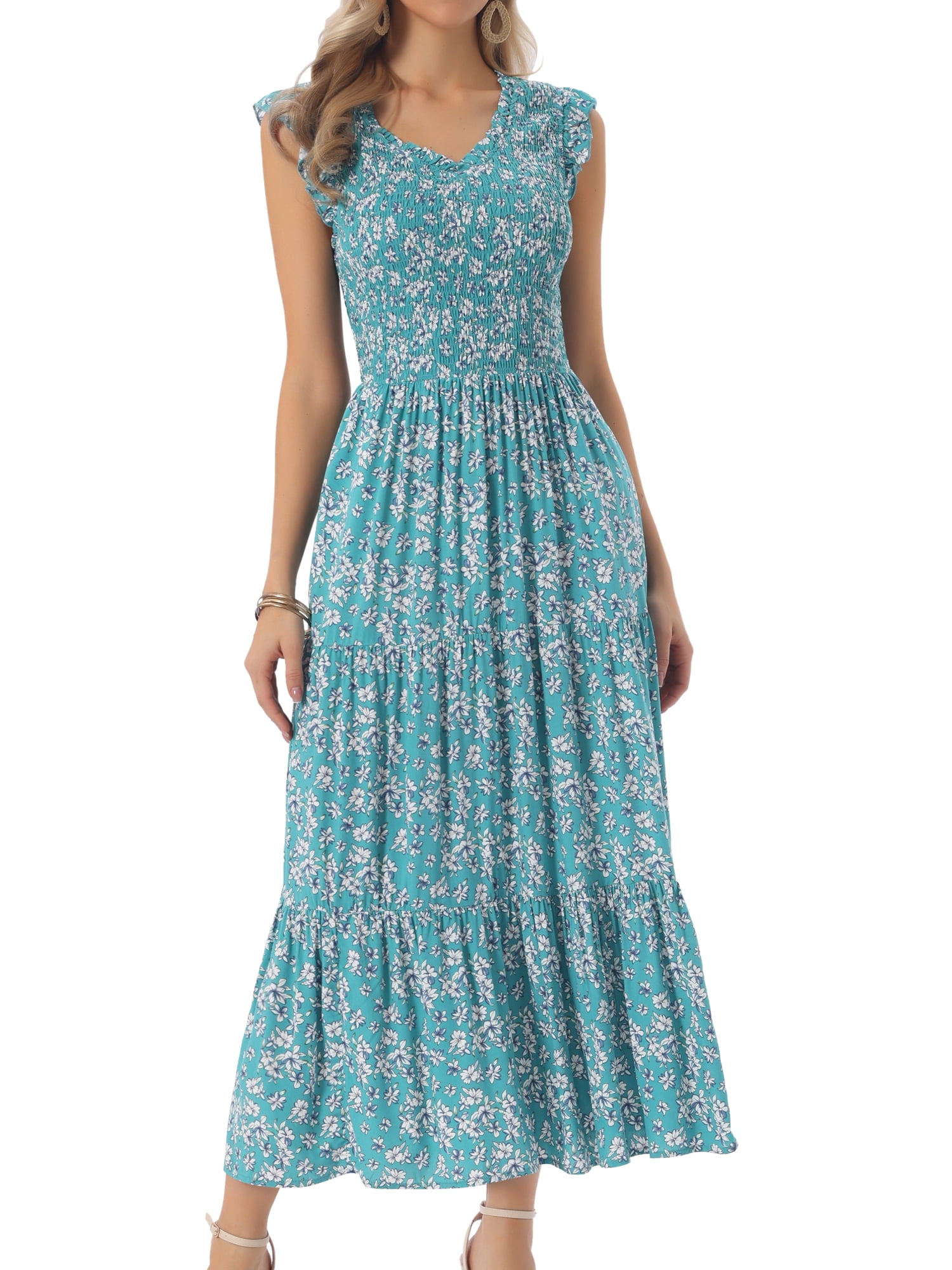 DARING DIVA V Neck Smocked Ruffle Tiered Maxi Dress Small Green