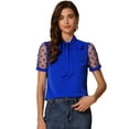 thumbnail image 1 of DARING DIVA V Neck Stand Collar Short Mesh Sleeve Blouse M Royal Blue, 1 of 6