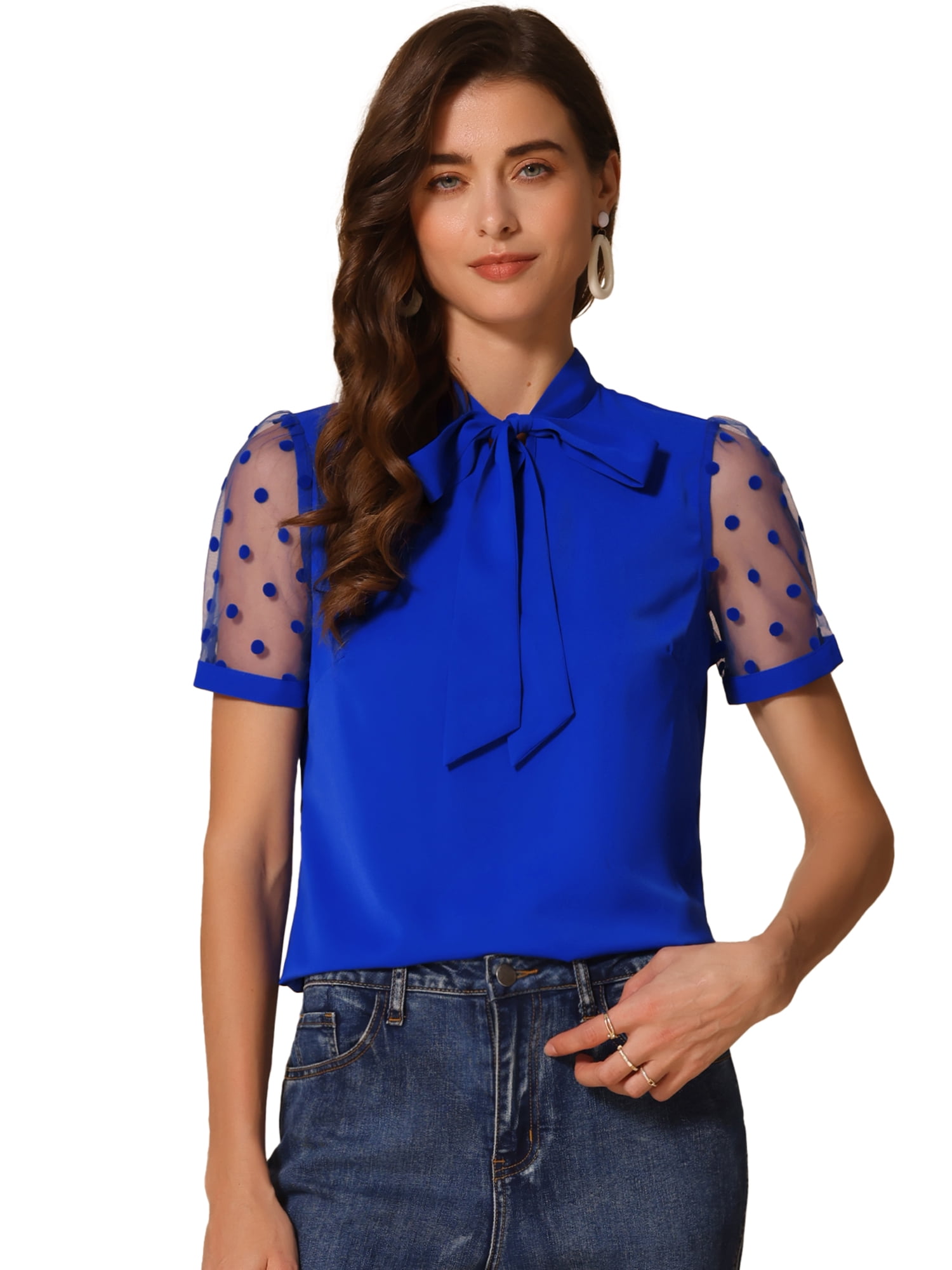 DARING DIVA V Neck Stand Collar Short Mesh Sleeve Blouse S Royal Blue