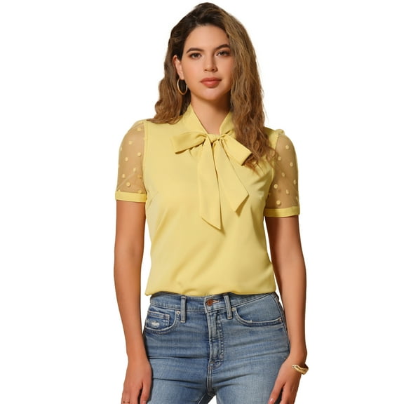 DARING DIVA V Neck Stand Collar Short Mesh Sleeve Blouse S Yellow