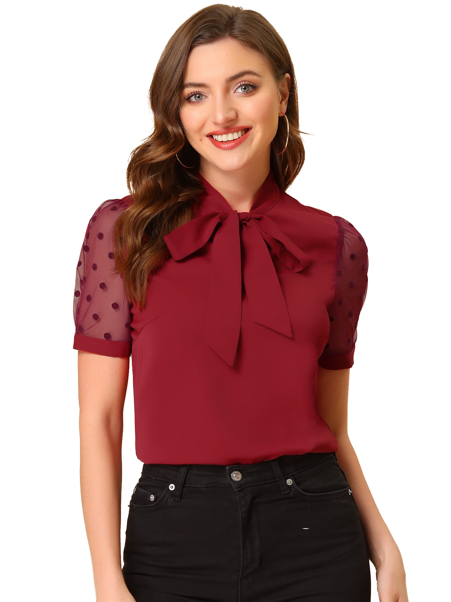 DARING DIVA V Neck Stand Collar Short Mesh Sleeve Blouse XL Burgundy